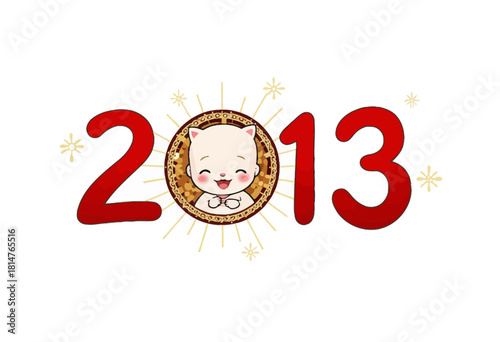 Adorable Cartoon Cat in the Center of a Festive 2013 Design Encompassed by Radiating Sunburst and Decorative Red Numerals
