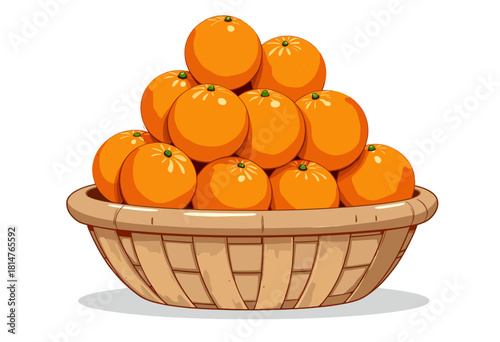 A Vibrant Illustration of a Wooden Basket Brimming with Fresh and Juicy Oranges Stacked in a Perfect Pyramid Formation on a Clean White Background