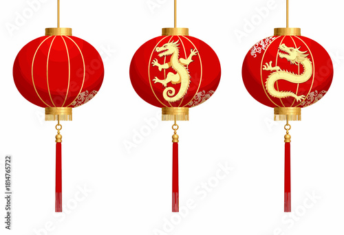 Traditional Red Lanterns Adorned with Golden Dragons and Intricate Patterns Symbolizing Prosperity and Good Fortune in Cultural Celebrations