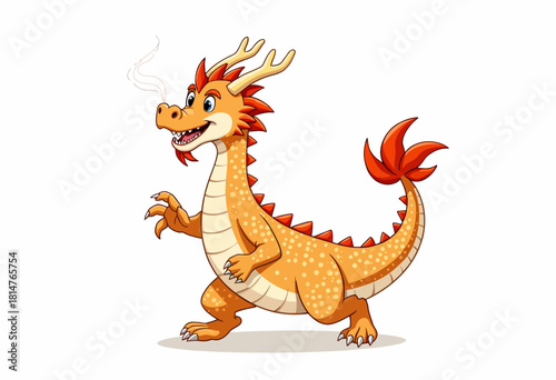 Whimsical Orange Dragon Illustration with Playful Expression and Smoke Puffing from Nostrils Against a Clean White Background