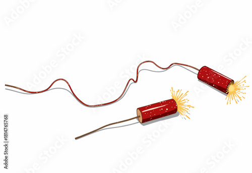 Illustration of Two Red Firecrackers with Lit Fuses on a White Background Symbolizing Celebration and Festivity