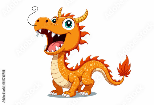 Playful Cartoon Orange Dragon with Green Eyes and Spiky Tail Expressing Joyful Enthusiasm with Open Mouth Against a White Background