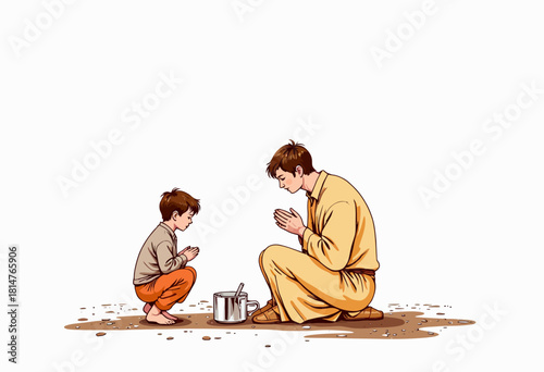 Father and Son Engage in a Heartfelt Moment of Prayer and Reflection in a Minimalist Setting, Emphasizing Family Bond and Spiritual Connection