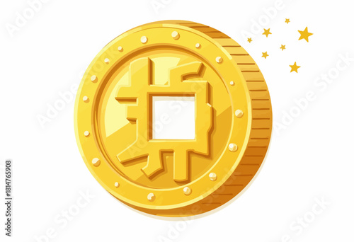 Digital Golden Coin with Intricate Design and Floating Stars Symbolizing Blockchain Technology and Cryptocurrency Concepts