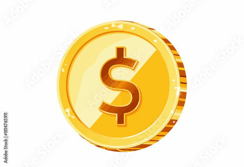 Illustration of a Shiny Gold Coin with Prominent Dollar Symbol Emphasizing Wealth and Currency on a Clean White Background