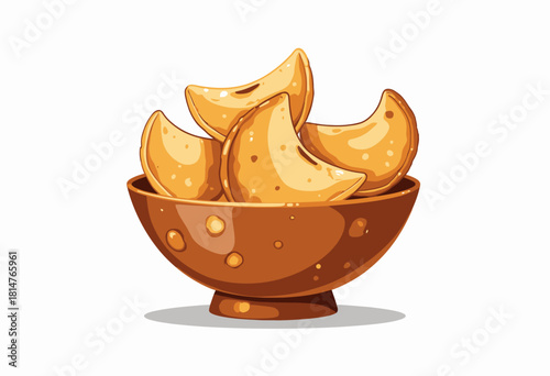 Illustration of a Brown Ceramic Bowl Filled with Crispy Golden Half-Moon Shaped Snacks on a White Background