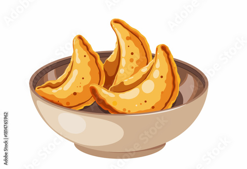 A Ceramic Bowl Filled with Four Deliciously Golden, Crispy Fried Dumplings, Highlights Savory Taste and Texture with an Emphasis on Crunchy Outer Shell