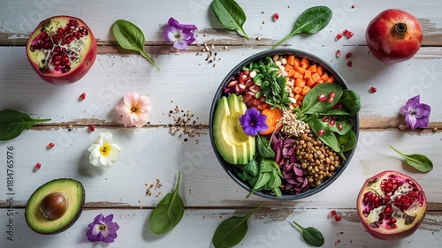 Vibrant vegan buddha bowl ready to eat for healthy lifestyle and wellness with fresh avocado, pomegranate and edible flowers on white wood table