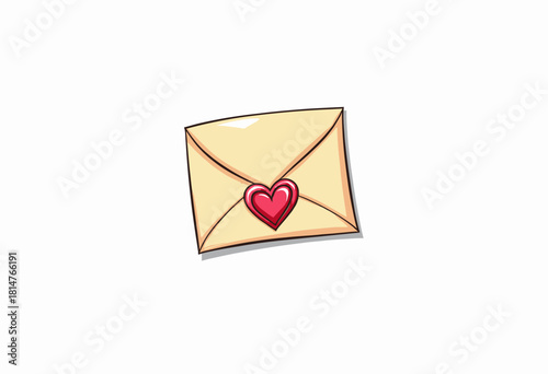 Illustration of a sealed beige envelope adorned with a prominent red heart symbol, conveying a message of love and affection, set against a plain white background.