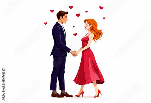 Elegant Couple in Love Standing with Affectionate Gazes Amidst Floating Hearts on a Minimalist White Background Depicting Romance and Devotion