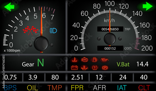 Performance dashboard with real-time telemetry. Racing interface showing engine status and sensor data.