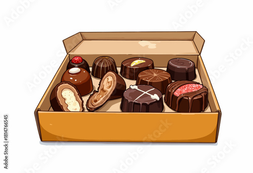 Assorted Chocolate Box Featuring Various Gourmet Bonbons and Truffles with Unique Flavors and Creative Designs Presented in a Classic Carton Package