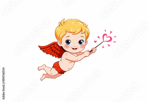 Adorable cherubic figure with golden hair and red wings holding a heart-shaped wand flies playfully amidst a bright background, showcasing innocence and joy