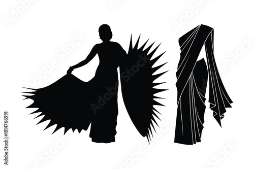Silhouette of a woman in a flowing sari and a draped sari
