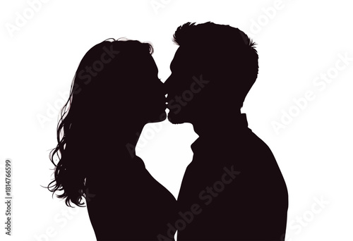 Silhouette of a Romantic Couple Sharing an Intimate Moment in a Tender Kiss Captured Against a White Background, Evoking Love and Connection