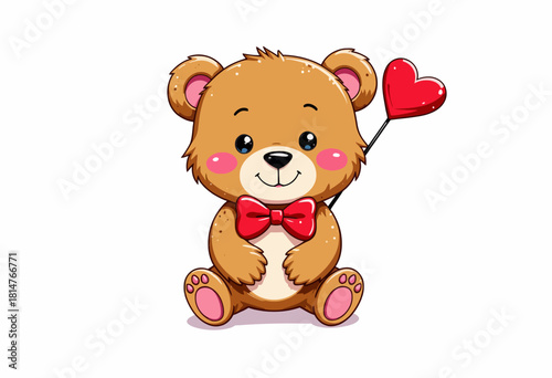 Adorable Cartoon Teddy Bear with Red Bowtie Holding a Heart-Shaped Balloon in a Charming and Cute Illustration