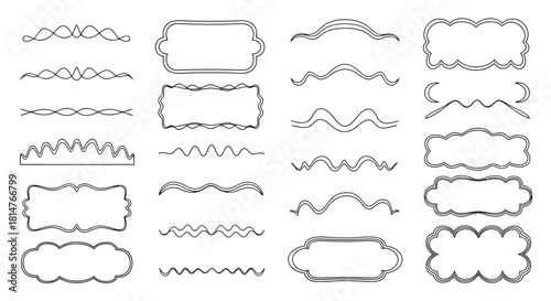 Collection of handdrawn decorative elements, dividers, and frames isolated on vector illustration