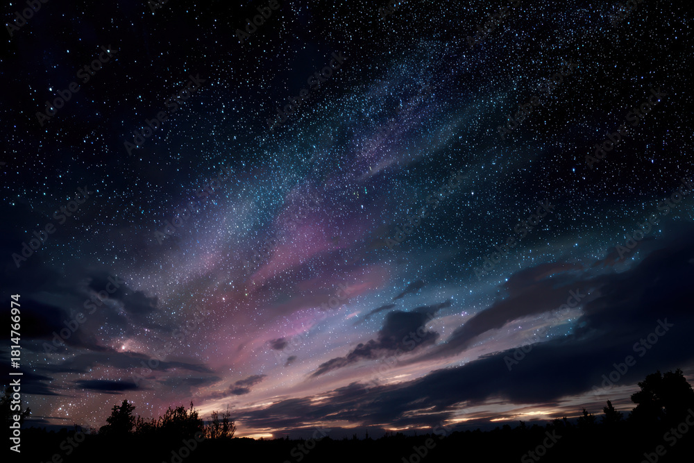 Fototapeta premium Beautiful night sky filled with stars and colorful clouds over a serene landscape