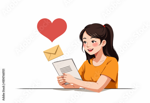 Illustration of a Young Woman in an Orange Shirt Reading a Letter with a Heart-Shaped Icon Above, Expressing Emotions and Connection through Written Communication