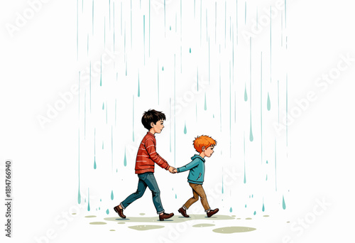 Two Young Children Walking Hand in Hand Under a Light Rainfall in a Minimalist Illustration with Vertical Blue Raindrops and White Background