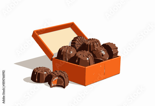 Box of Rich Chocolate Confections with Open Lid Revealing Assortment of Decadent, Artisan Treats with Creamy Centers in Vibrant Orange Packaging