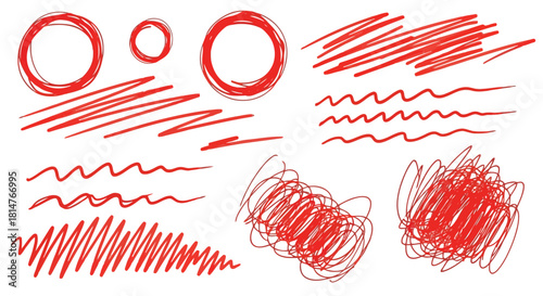 Hand drawn red scribble circles and lines isolated on for marking or highlighting text