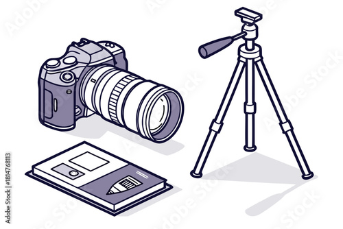 Professional camera, tripod and instruction manual, vector illustration