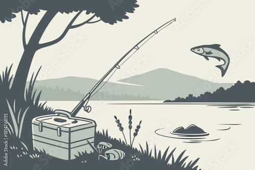 Fishing scene with fishing rod, tackle box and jumping fish near the lake