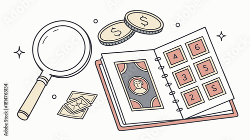 Philately illustration with magnifier, coins and album