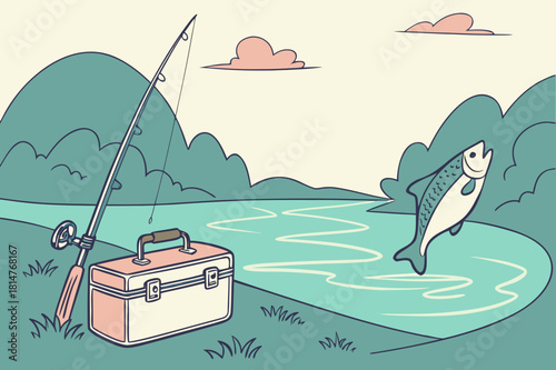 Fishing rod, tackle box, and jumping fish by river