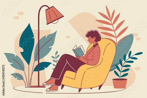 Person reading a book in a cozy room, surrounded by plants