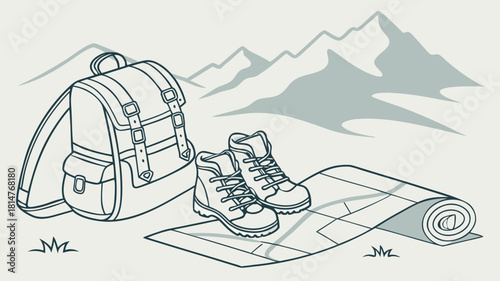 Hiking gear illustration with backpack, shoes and map against a mountain backdrop