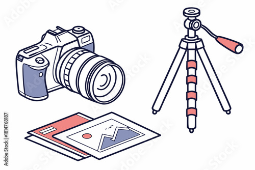 Professional photography equipment set - camera, tripod, and printed photos