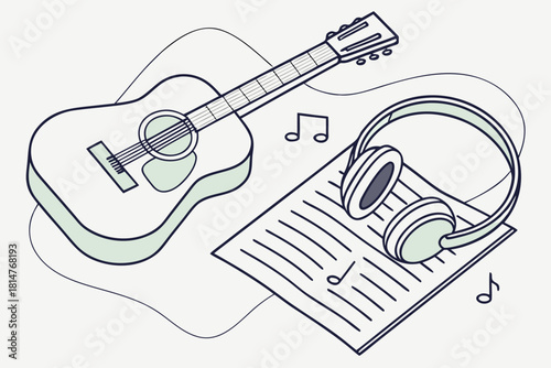 Acoustic guitar and headphones, musical notes illustration
