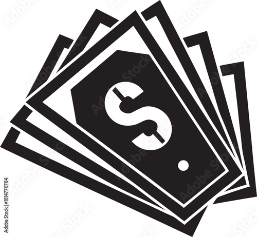 Simple icon of dollar banknotes fan, representing money, finance.