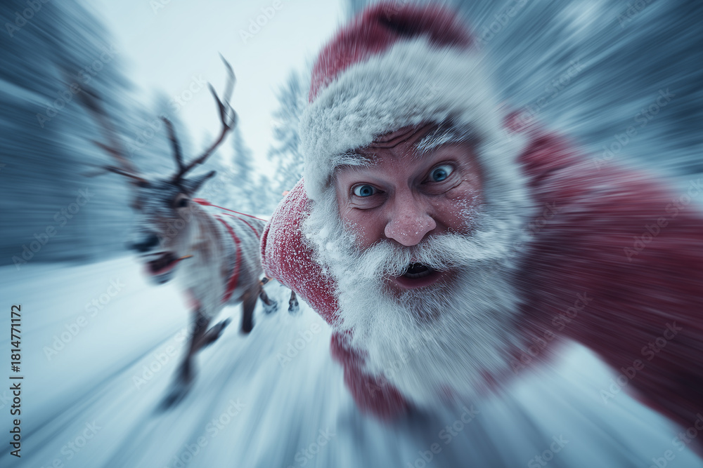 Obraz premium Dynamiczne ujęcie (selfie) pędzącego Świętego Mikołaja i renifera w śnieżnym lesie, z efektem rozmycia ruchu. Mikołaj ma zaskoczony, wesoły wyraz twarzy.