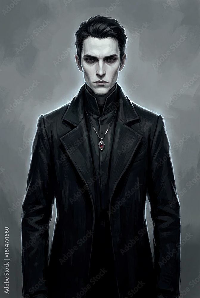 Obraz premium Gothic portrait of mysterious dark-haired man in victorian black coat