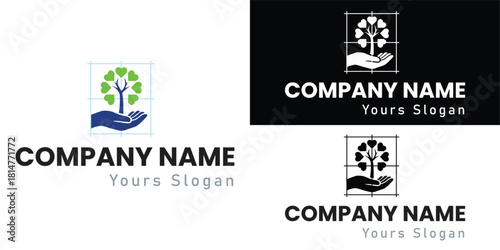 Eco-friendly foundation and nature care logo with hand and tree, symbolizing growth, support, sustainability, and environmental protection. Ideal for charity, wellness, and green business.