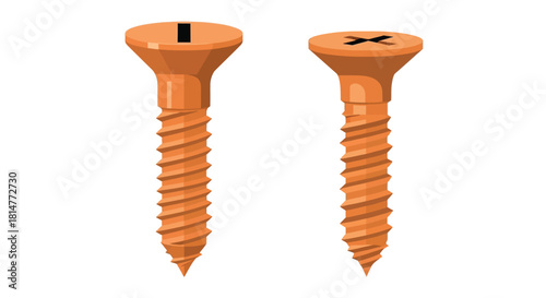 Two orange wood screws displayed with detailed threading and distinct head types