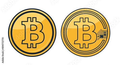 Two stylized bitcoin illustrations with golden color and dark outlines shown