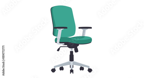 A simple teal office chair with adjustable arms and a five star base