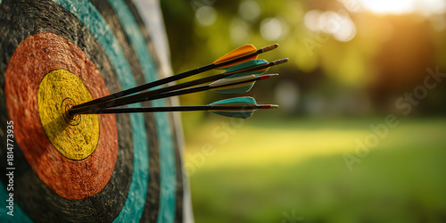 Masterful Archery Display: Arrows Piercing the Bull's-Eye in Captivating Close-Up