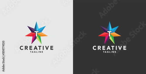 Digital colorful abstract icons, elements and symbols with initial T logo, template