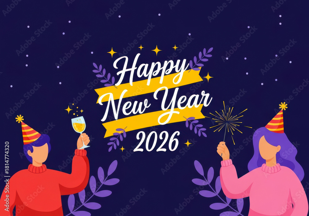 Fototapeta premium Couple celebrating new year 2026 with champagne and sparkler against dark starry sky background