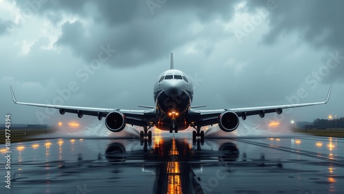 A commercial jet poised on a wet runway, with the glow of runway lights reflecting against the water and the menacing sky.