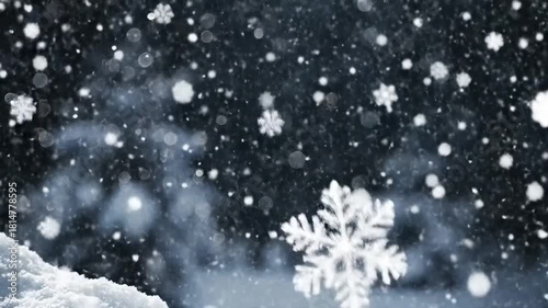 Snowflakes falling gently on a winter day with a dark blue background