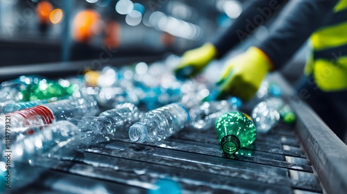 Worker sorting plastic bottles on a conveyor belt in a recycling plant for environmental sustainability and waste management