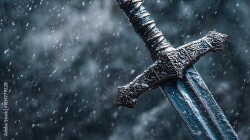 Ornate medieval sword with a textured hilt and blade, covered in frost and snow, dark background