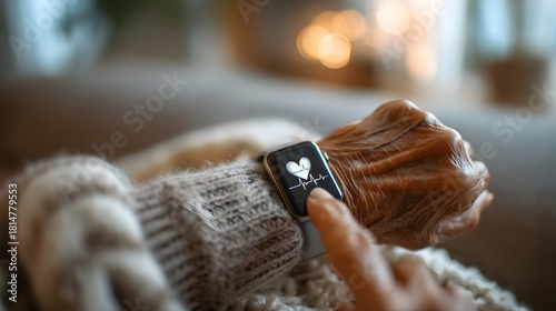 Senior individuals hand with a smartwatch showing heart rate, emphasizing health technology