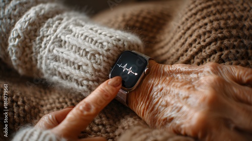 Elderly hand touching a smartwatch displaying an ecg waveform, monitoring heart health